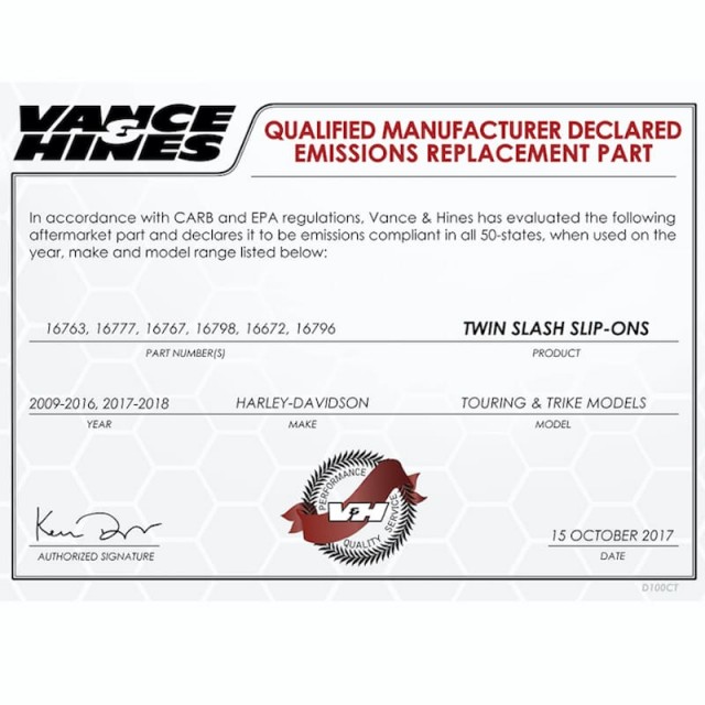 VANCE HINES SLIP-ON TWIN SLASH ROUND CHROME MUFFLER HARLEY TOURING 17-18 - DECLARED EMISSIONS REPLACEMENT PART