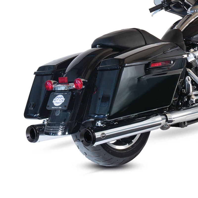 S&S GRAND NATIONAL CHROME SLIP-ON MUFFLERS WITH BLACK ENDCAPS HARLEY TOURING 17-21 - MOUNTED
